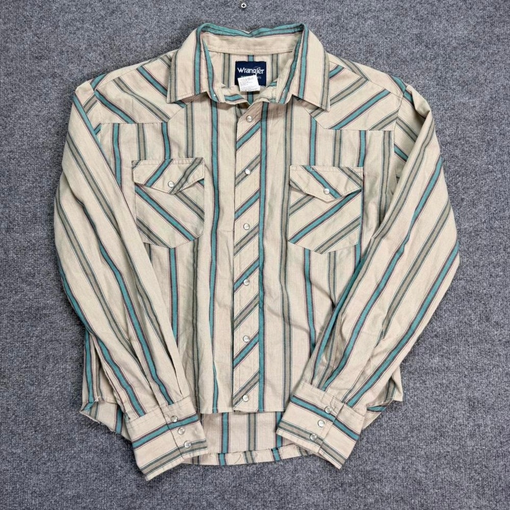 Wrangler Cream Striped Button-Down Shirt with Teal and Brown Stripes